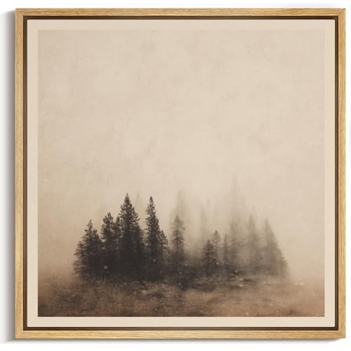 MUDECOR Framed Canvas Print Wall Art Misty Sepia Pine Forest Vintage Neutral Woodland Illustrations Modern Art Group Colorful for Living Room, Bedroom, Office - 16"x16" NATURAL - color: B09-2604-M23, size: 16"L x 16"W