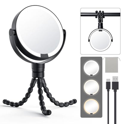 Gospire 5.85” Tripod Travel Makeup Mirror with Light and Magnification - color: Black