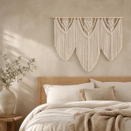 oiikain Large Macrame Wall Hanging, Boho Tapestry Wall Decor, 43 x 32 Inch - color: Beige Twelve Rhombus