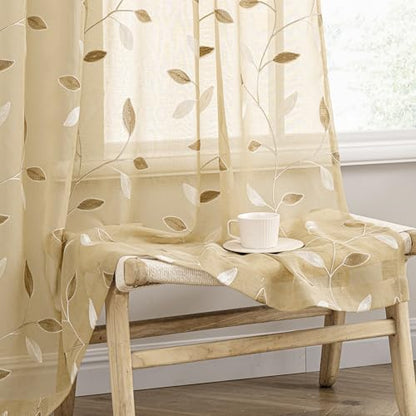 MIULEE Beige Sheer Curtains 2 Panels Embroidered Leaf Patterned, W52 x L96 - color: Beige, size: 52"W x 96"L (Pack of 2)