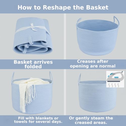 XUANGUO 66L Large Blanket Basket, Round Cotton Rope Basket, Blue - color: blue