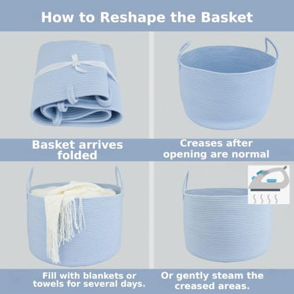 XUANGUO 66L Large Blanket Basket, Round Cotton Rope Basket, Blue - color: blue