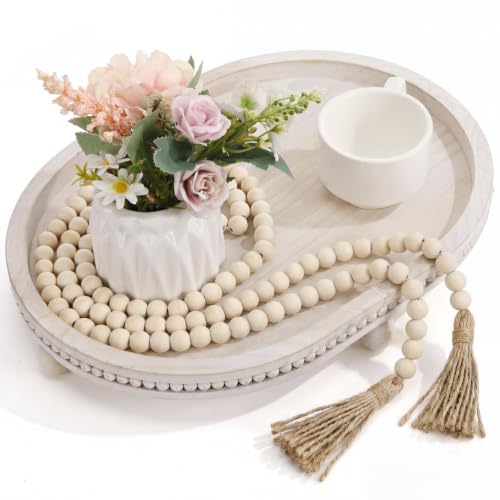 Mumufy 16" x 11.8" Oval Decorative Tray with 58" Bead Garland, White Washed - color: White Washed, size: 16" x 11.8" Oval