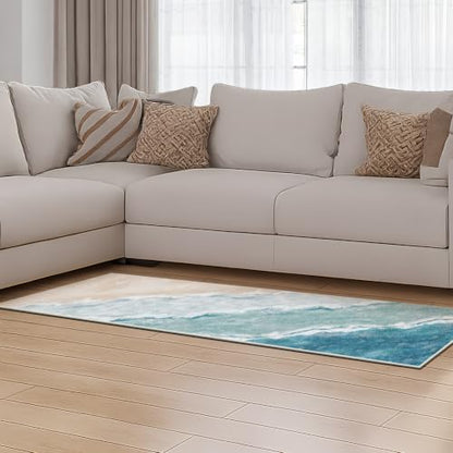 Beach Pattern 2x6ft Runner Rug Non Slip Washable Kitchen Runner Rug with Rubber Backing，Low-Pile Soft Washable Runner Rugs for Hallway Entryway Kitchen Bedroom Living Room Bathroom - color: Light Blue Beach, size: 2' x 6' (Rug)