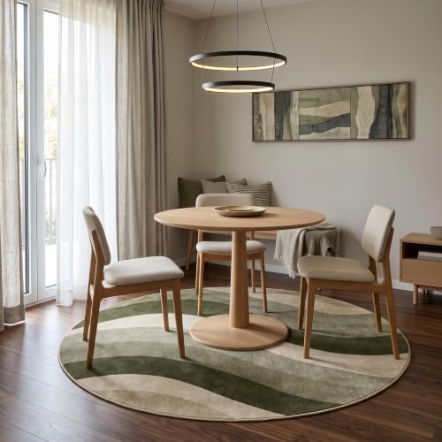 6Ft Olive Green and Beige Abstract Wave Area Rug for Living Room - color: Olive Green/Beige, size: 6' (Round)