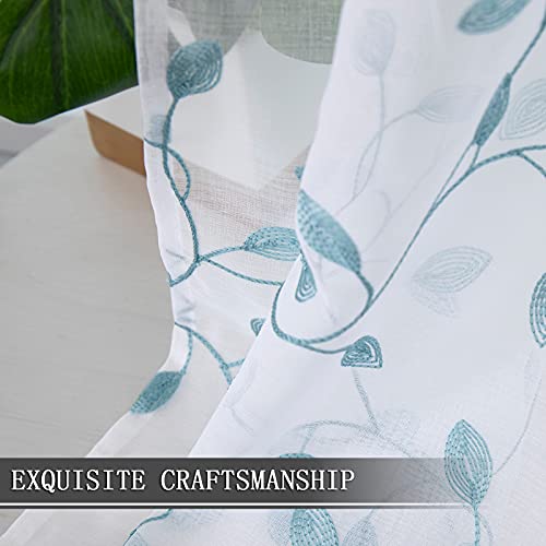 Tollpiz Leaves Sheer Tier Curtain Teal Blue Leaf Embroidery Kitchen Half Curtains Rod Pocket Voile Faux Linen Embroidered Leaves Curtain for Bathroom, 30 x 36 inches Long, Set of 2 Panels - color: Teal Blue, size: 30"W x 36"L (Pack of 2)