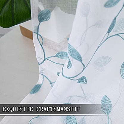 Tollpiz Leaves Sheer Tier Curtain Teal Blue Leaf Embroidery Kitchen Half Curtains Rod Pocket Voile Faux Linen Embroidered Leaves Curtain for Bathroom, 30 x 36 inches Long, Set of 2 Panels - color: Teal Blue, size: 30"W x 36"L (Pack of 2)