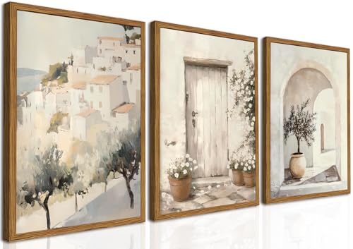 Framed Vintage Italian Wall Art Set of 3, Rustic Neutral Olive Tree Pictures Wall Decor, Mediterranean Farmhouse Landscape Paintings Canvas Prints Country Home Decor for Living Room Bedroom 12x16 inch - color: Italian Olive Tree, size: 16"L x 12"W