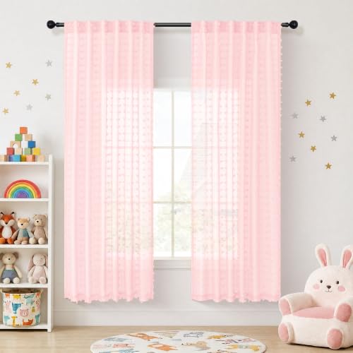 DANCURTON Light Pink Sheer Curtains 63 Inch Length for Girls Room Baby Nursery Semi Sheer Boho Farmhouse Pom Pom Kids Curtains for Bedroom Bed Canopy Blush Pink Voile Back Tab Window Drapes 2 Panels - color: Light Pink, size: 52"W x 63"L (Pack of 2)