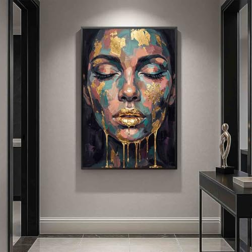 Abstract Face Wall Art Female Portrait Canvas Blue Gold 16x24inch No Frame - color: 4, size: 24"L x 16"W