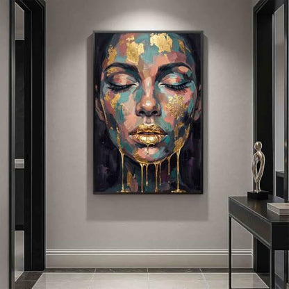 Abstract Face Wall Art Female Portrait Canvas Blue Gold 16x24inch No Frame - color: 4, size: 24"L x 16"W
