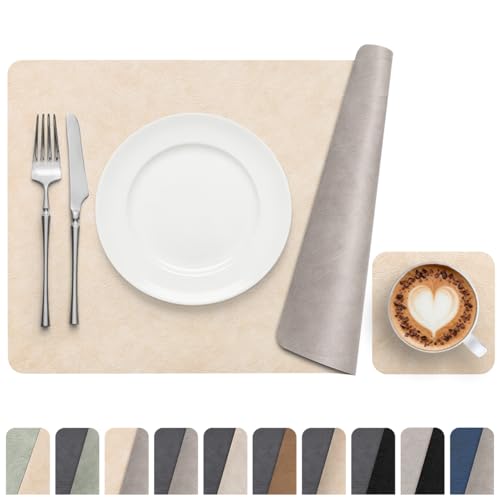 Vinyl Placemats Set of 4, Dual Sided Place Mats with Drink Coasters - color: Beige/Light Gray Two-tone, size: Set of 4