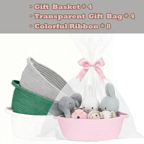 4PCS Woven Baskets Organizing Cotton Rope with Handle Empty Basket with Bags and Ribbon for Baby Birthday Christmas Easter Housewarming Newborns Wedding(12" x 8" x 5") - color: White,Grey,Pink,Green
