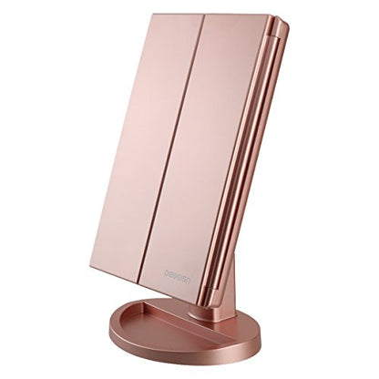 deweisn Dresser Mount Tri-Fold Lighted Vanity Mirror with 21 LED Lights, Touch Screen and 3X/2X/1X Magnification, Two Power Supply Modes Make Up Mirror,Travel Mirror - color: Rose Gold