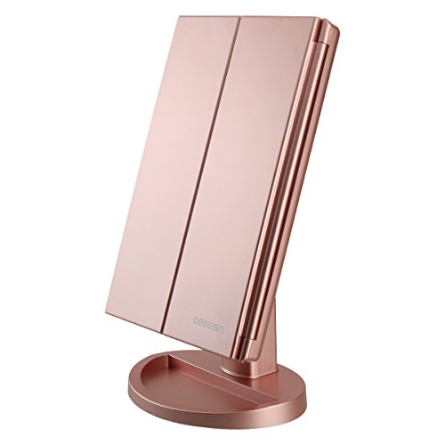 deweisn Dresser Mount Tri-Fold Lighted Vanity Mirror with 21 LED Lights, Touch Screen and 3X/2X/1X Magnification, Two Power Supply Modes Make Up Mirror,Travel Mirror - color: Rose Gold
