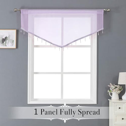 WUBODTI Taro Purple Beaded Sheer Curtain Valances for Kitchen Windows, Triangle Sheer Swag Valance Curtains Boho Bead Tassels Window Valances for Bedroom Bathroom Living Room,3PCs, Each W51 x L24 - color: Taro Purple