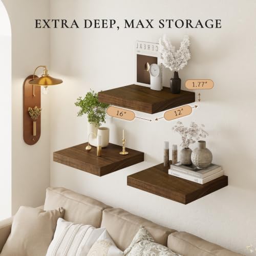 16" Wall Floating Shelves, Set of 3, Walnut Finish - color: Walnut, size: 3T16IN