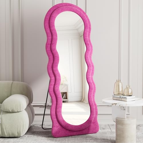 Full Length Mirror, 63"x24" Wavy Floor Mirror, Arched Standing Mirrors Full Length, Cloud Shaped Flannel Wall Mirror, Dressing Body Mirrors Hanging or Leaning Against Wall for Bedroom (Pink) - color: Wavy - Pink