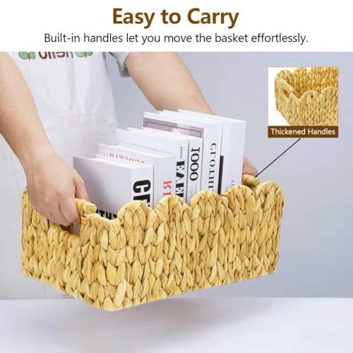 2Pack Scalloped Edge Wicker Basket,Hand-Woven Rattan Baskets with Wooden Handles,Natural Water Hyacinth Basket for Laundry,Shelves,Decorative Basket