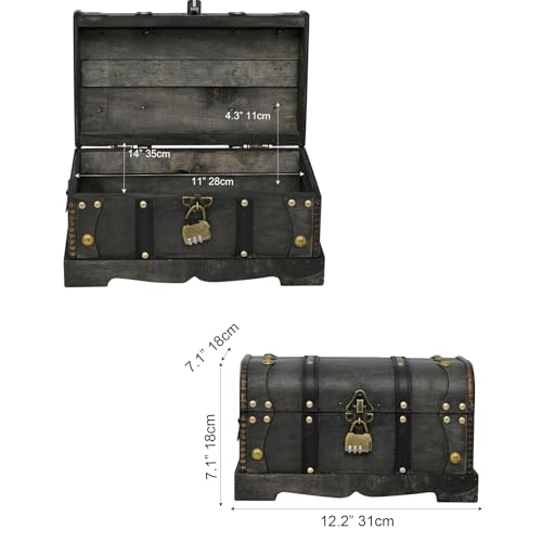 Vintage Wooden Treasure Chest Decorative Box with Lock,12", Black - color: Black, size: 12.2" x 7.1" x 7.1"