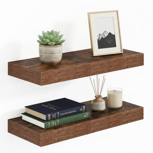 1.5" Thick Floating Shelves for Wall, 16"x6.5" Wall Mounted Shelf, Wall Storage Shelf,No Sag,Easy Install Wood Grain Shelf for Bedroom, Kitchen, Living Room & Hallway,Rustic Brown,Pack of 2 - color: Rustic Brown, size: 16"x 6.5"-Pack of 2