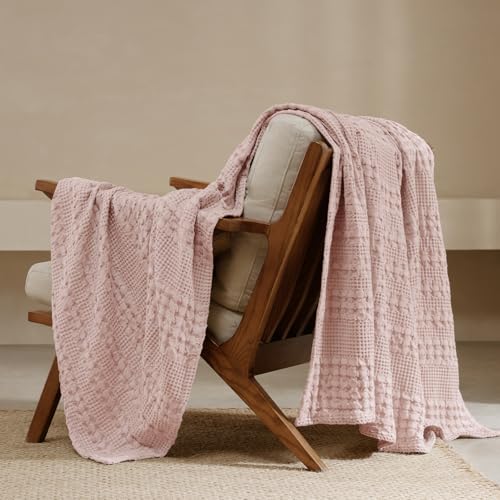 PHF Lightweight 100% Cotton Waffle Throw Blanket for Couch, Pink - color: 16 Pink, size: Throw(50"x60")