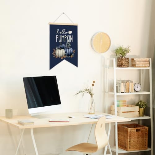 LARNDUMAMA Blue Fall Pumpkins Wall Art Canvas Banner Poster for Bathroom - color: blue