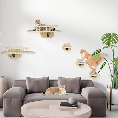 Cat Wall Shelves Furniture Set with Scratching Pad，Wooden Cat Climbing Wall Systems with 2 Perches and 3 Steps, Floating Shelves Bed Wall Mounted for Indoor Fit Up to 15Lbs (Burlywood) - color: Burlywood