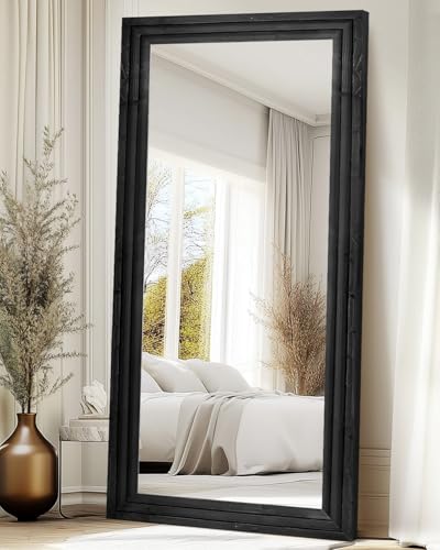 76x34in Full Length Mirror, 3-Tier Stepped Solid Wood Frame, Black - color: Black, size: 76"L x 34"W