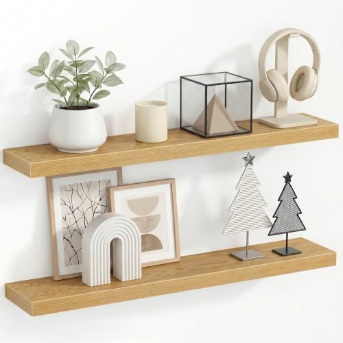 1.5" Thick Floating Shelves for Wall, 36"x6.5" Wall Mounted Shelf, Wall Storage Shelf,No Sag,Easy Install Wood Grain Shelf for Bedroom, Kitchen, Living Room & Hallway,Oak,Pack of 2 - color: Oak, size: 36"x 6.5"-Pack of 2