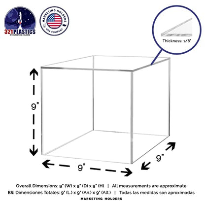 9 Inch Acrylic Display Riser Box with One Open Side No Lid Versatile Clear Square Lucite Retail Product Platform and Merchandise Storage Bin No Assembly by Marketing Holders