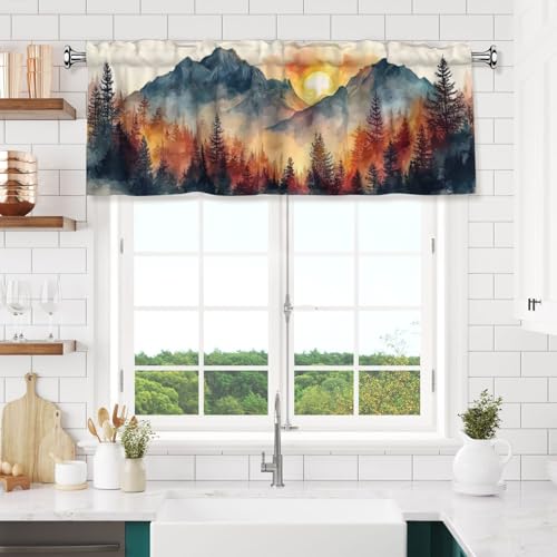 Mountain Landscape Valances for Windows Rod Pocket Curtain Valance 1 Panel Short Curtains for Kitchen Bathroom Living Room Bedroom Window Treatments - color: Mountain Landscape