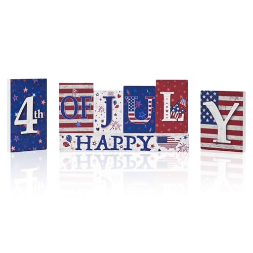 Smile Happy 4th of July Wooden Letter Block Set, 7-Piece Patriotic Tiered Tray Tabletop Decor for Independence Day - style: 4th of July