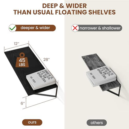 Heimlove 28W x 12D Deep Floating Shelves Set of 2 Black - color: Black With Black Metal Bracket, size: 28Wx12Dx5.8H