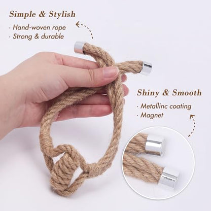 NICEEC 2 Pack Natural Jute Rope Curtain Tiebacks Elegant Boho Style Magnetic Drape Tie Backs Soft Hand-Woven Rope Curtain Holdbacks for Home & Office Drapery (Jute knot-03) - color: Jute Knot-03, size: 2 Pack