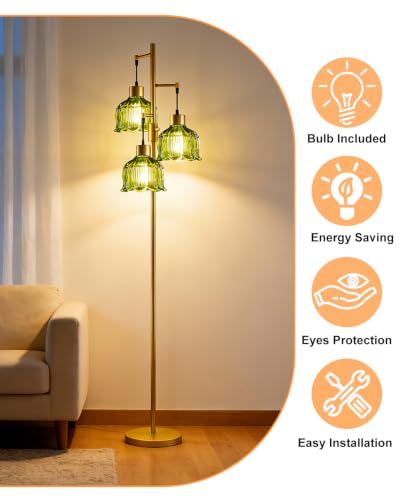Lightdot Green Glass Floor Lamp Dimmable with LED Bulbs & Flower Shade - color: 3 Green Glass-Gold I