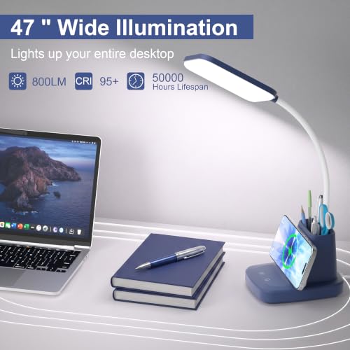LED Desk Lamp with 10W Wireless Charging & Pen Holder, Navy Blue - color: Navy Blue