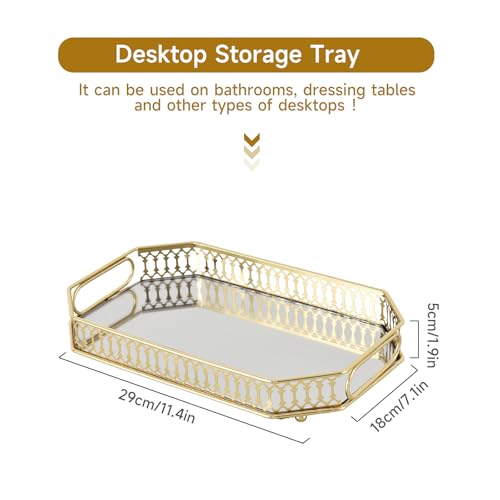 Mirrored Perfume & Makeup Vanity Tray - Hollow-Out Jewelry Storage, Gold Metal & Glass Trinket Organizer for Dresser & Bathroom Countertop, 11.3" Small Size - size: 11.3" x 7" x 2"