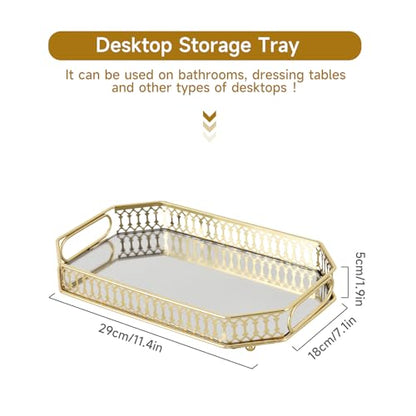 Mirrored Perfume & Makeup Vanity Tray - Hollow-Out Jewelry Storage, Gold Metal & Glass Trinket Organizer for Dresser & Bathroom Countertop, 11.3" Small Size - size: 11.3" x 7" x 2"