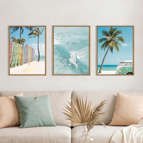 KAIRNE Blue Ocean Surfboard Seascape Framed Canvas Wall Art Set-12"x16"x3 - color: Summer Surfing Wall Art, size: 12"L x 16"W