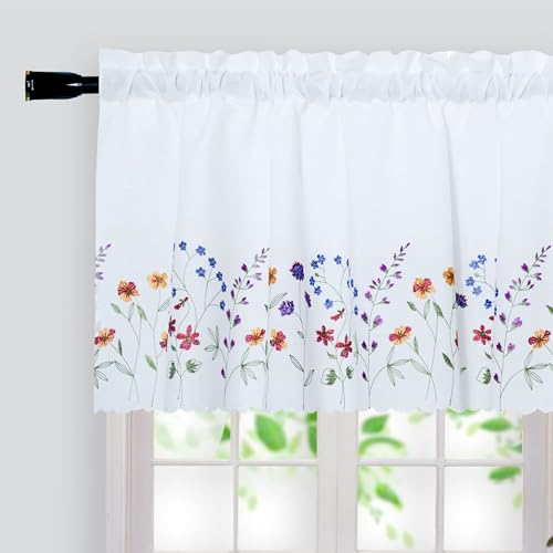 2PC PKT Floral Embroidery Curtain Valance, White Elegant Decorative Flowers Window Valances,Valances for Windows Living Room,3" Rod Pocket W62XL14 inch (Flowers) - size: 62"W x 14"L (Pack of 2)