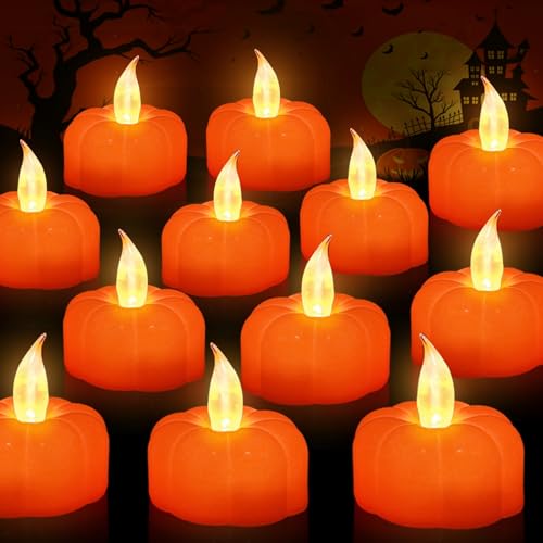 12 Pack Halloween Decorations Pumpkin Tea Lights Candles Battery Operated