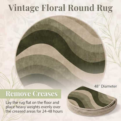 4Ft Olive Green and Beige Abstract Wave Area Rug for Living Room - color: Olive Green/Beige, size: 4' (Round)