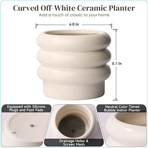 Ceramic Plant Pot, 6 Inch White Ceramic Planter with Drainage Holes - color: Creamy White