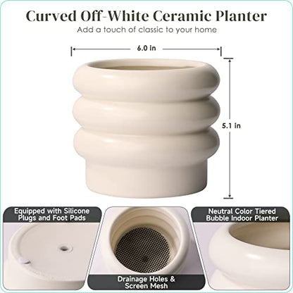 Ceramic Plant Pot, 6 Inch White Ceramic Planter with Drainage Holes - color: Creamy White
