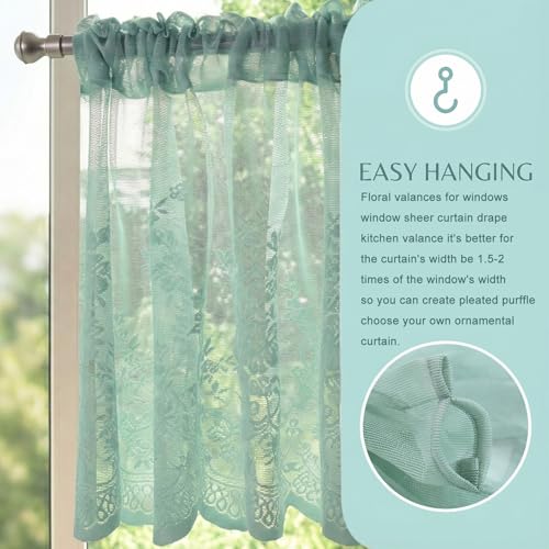 Molaxhome Kitchen Curtains Valance Blue Lace Floral Semi Sheer Curtain - color: Blue-green, size: 54"W x 24"L (Pack of 1)