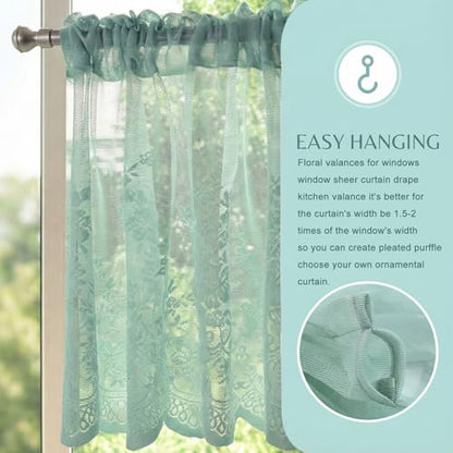 Molaxhome Kitchen Curtains Valance Blue Lace Floral Semi Sheer Curtain - color: Blue-green, size: 54"W x 24"L (Pack of 1)