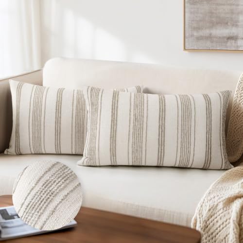 AELS 12x20 Decorative Farmhouse Linen Lumbar Pillow Covers, Beige with Brown Chenille Striped Pillow Case, Set of 2, Boho Textured Cushion Cover for Sofa Couch Living Room (Cover ONLY) - color: Beige With Brown, size: 20" x 12" (Pack of 2)