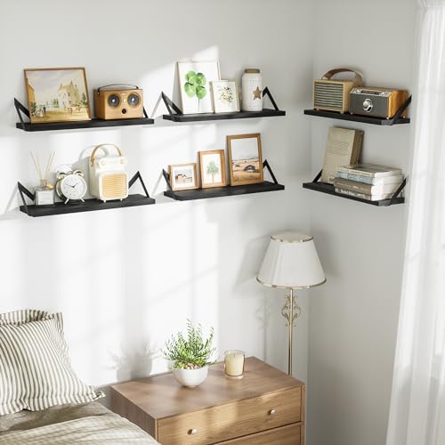 SRIWATANA Black Floating Shelves, 6-Piece Set Wood Wall Storage Unit