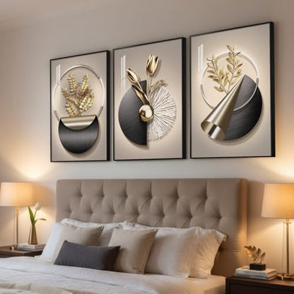 Large Framed Modern Elegant Wall Art for Living Room, 3 Piece 24x36 In - color: Golden Bloom Series, size: 24" W x 36" H x 3 pieces
